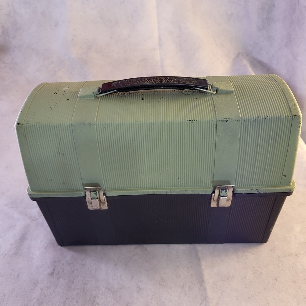 Vintage Aladdin Two Tone Blk/ Green Dome Lunch Box Plastic Industrial Work Pail